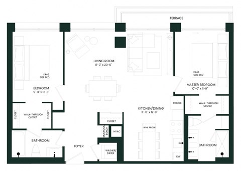 Floor plan for 2 beds, 2 baths, 996 sqft